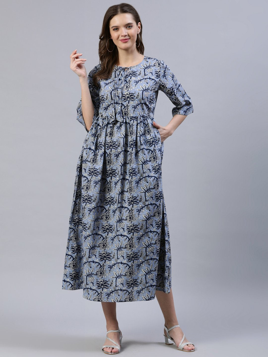 Women's Blue Floral Printed Dress With Three Quarter Sleeves