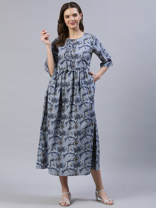 Women's Blue Floral Printed Dress With Three Quarter Sleeves