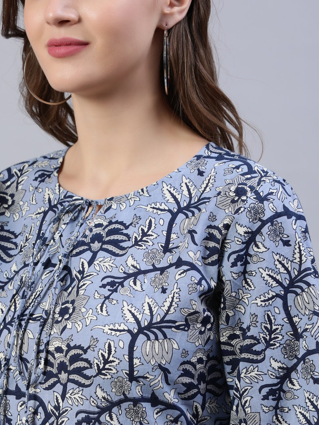 Women's Blue Floral Printed Dress With Three Quarter Sleeves