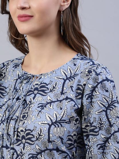 Women's Blue Floral Printed Dress With Three Quarter Sleeves