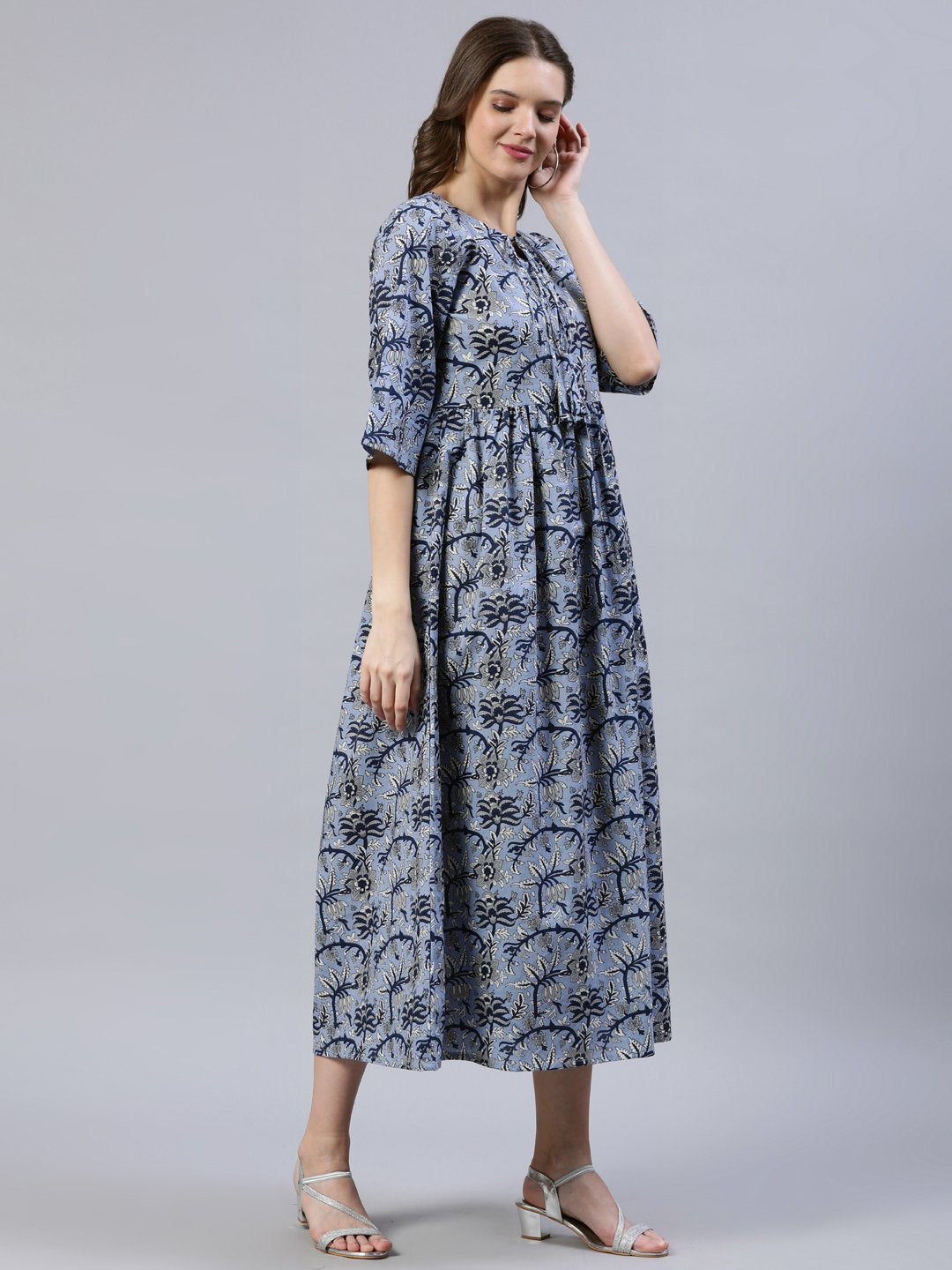 Women's Blue Floral Printed Dress With Three Quarter Sleeves