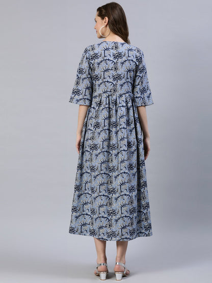 Women's Blue Floral Printed Dress With Three Quarter Sleeves