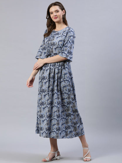 Women's Blue Floral Printed Dress With Three Quarter Sleeves