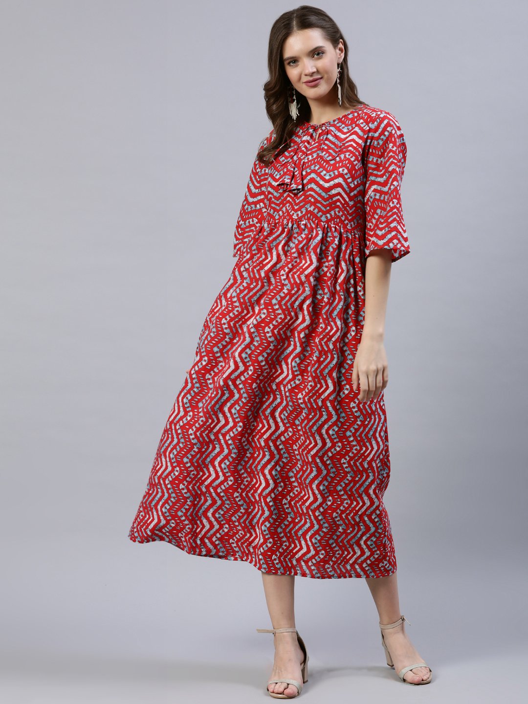 Women's Red Zig-Zac Printed Dress With Three Quarter Sleeves