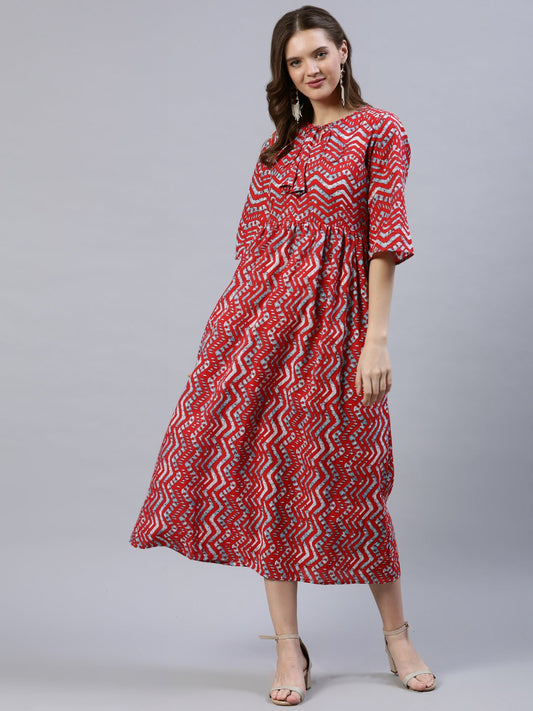 Women's Red Zig-Zac Printed Dress With Three Quarter Sleeves