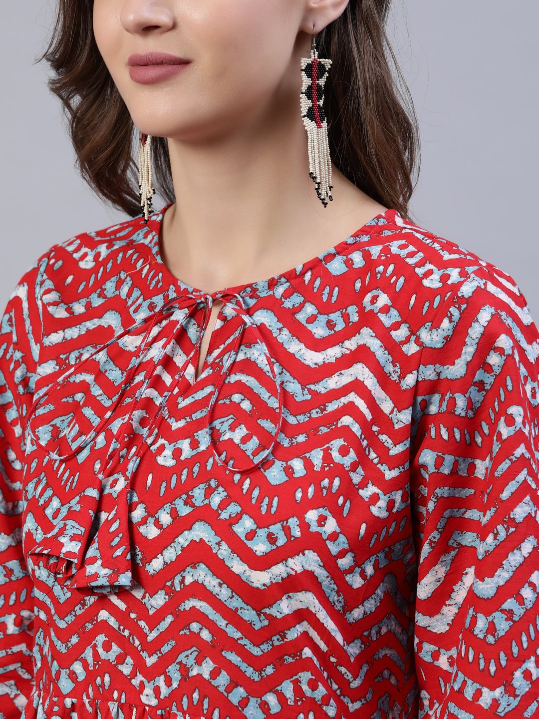Women's Red Zig-Zac Printed Dress With Three Quarter Sleeves