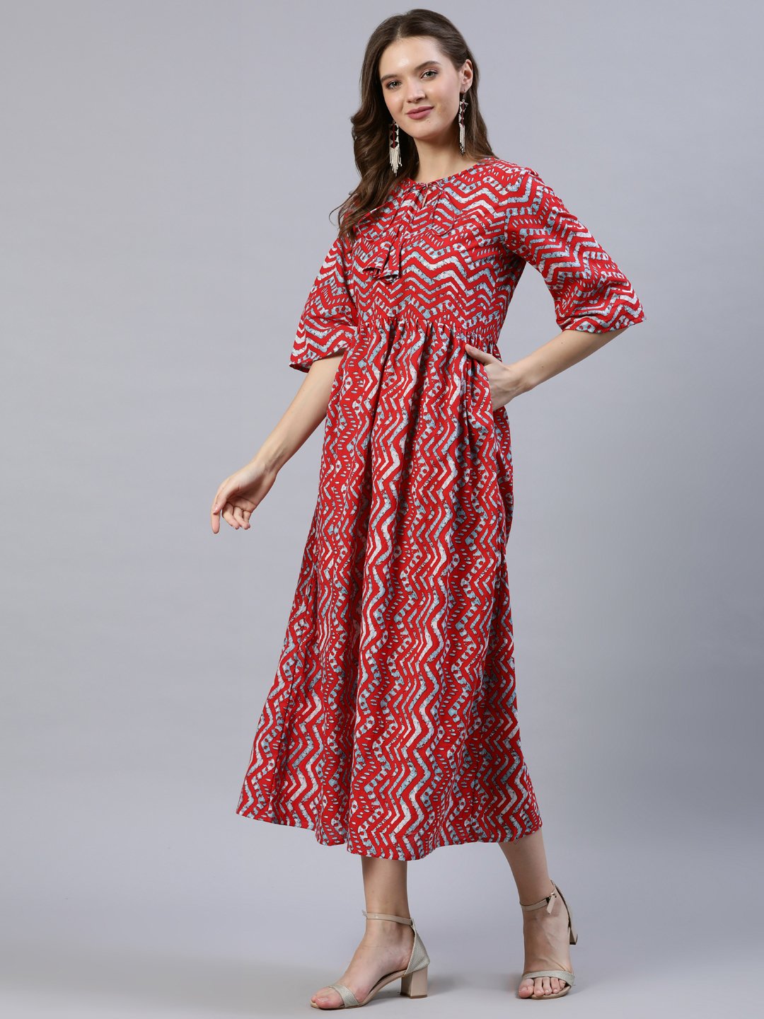 Women's Red Zig-Zac Printed Dress With Three Quarter Sleeves