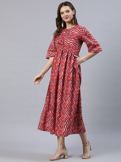Women's Red Zig-Zac Printed Dress With Three Quarter Sleeves