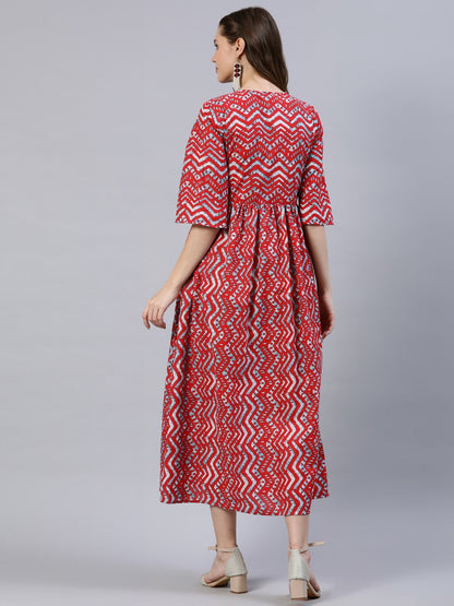 Women's Red Zig-Zac Printed Dress With Three Quarter Sleeves