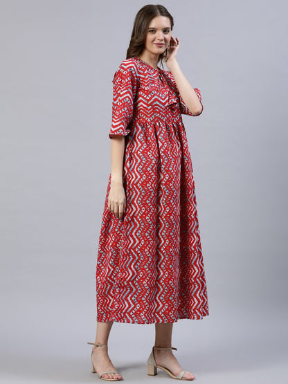 Women's Red Zig-Zac Printed Dress With Three Quarter Sleeves