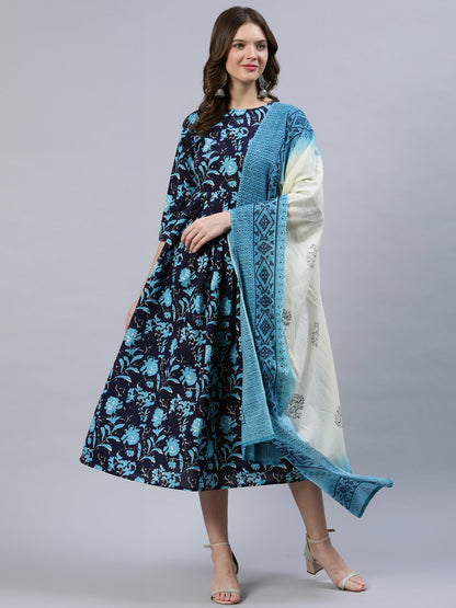 Women's Navy Blue Printed Dress With Dupatta