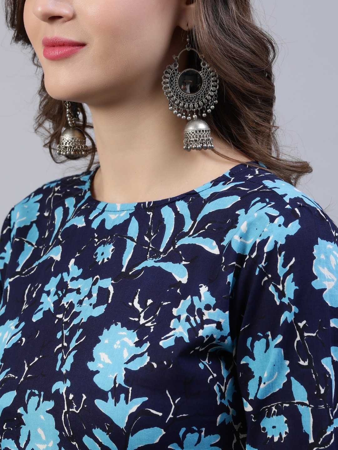 Women's Navy Blue Printed Dress With Dupatta