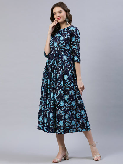 Women's Navy Blue Printed Dress With Dupatta