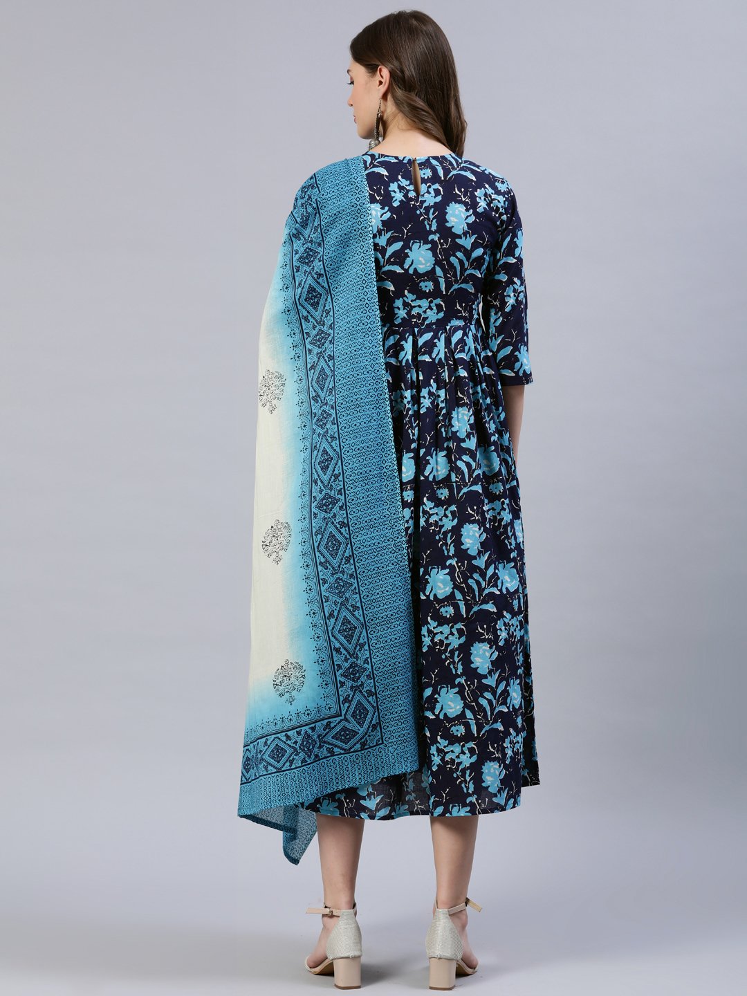 Women's Navy Blue Printed Dress With Dupatta