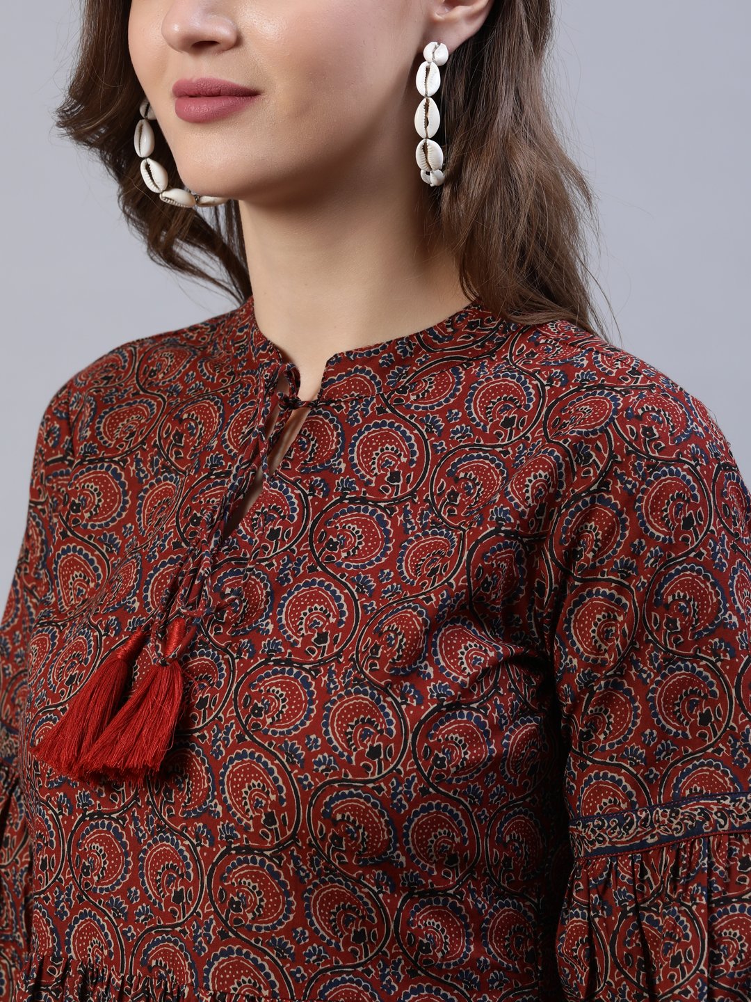 Women's Maroon Printed Dress With Three Quarter Sleeves