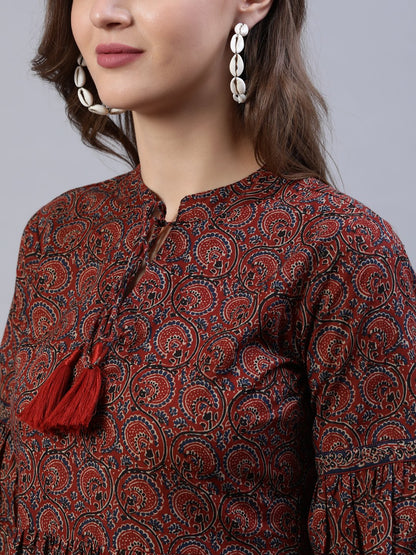 Women's Maroon Printed Dress With Three Quarter Sleeves