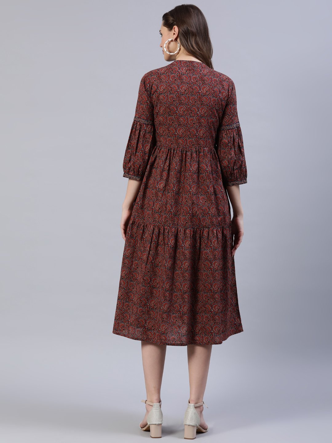 Women's Maroon Printed Dress With Three Quarter Sleeves