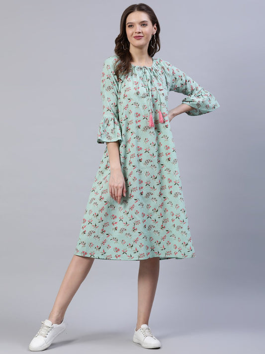Women's Pastel Green Printed Dress With Three Quarter Flared Sleeves