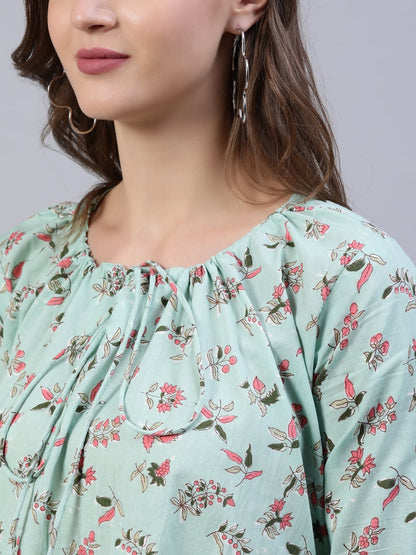 Women's Pastel Green Printed Dress With Three Quarter Flared Sleeves