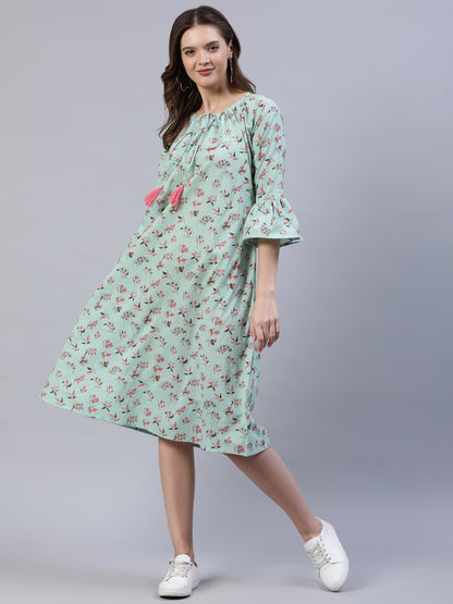 Women's Pastel Green Printed Dress With Three Quarter Flared Sleeves