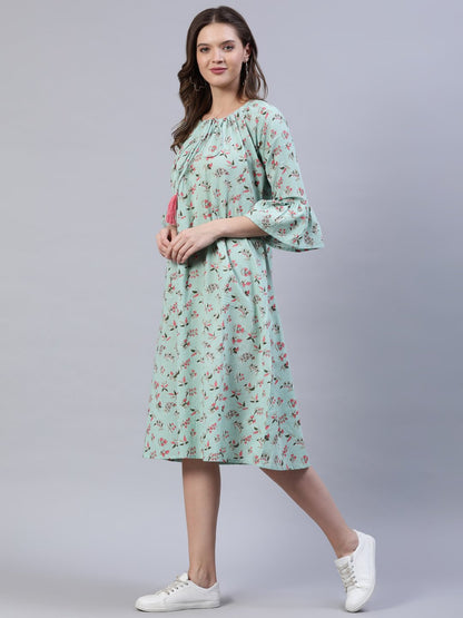 Women's Pastel Green Printed Dress With Three Quarter Flared Sleeves