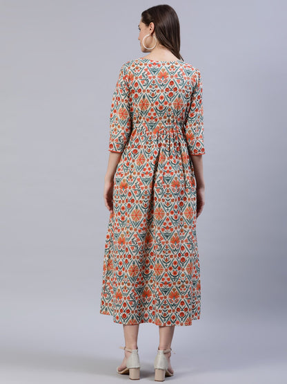 Women's Off-White Printed Dress With Three Quarter Sleeves