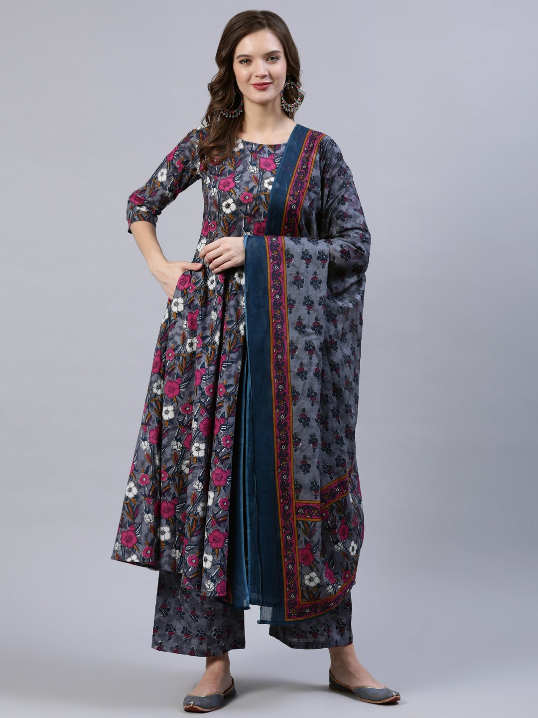 Women's Grey Printed Flared Kurta With Palzo & Dupatta