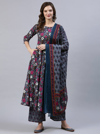 Women's Grey Printed Flared Kurta With Palzo & Dupatta