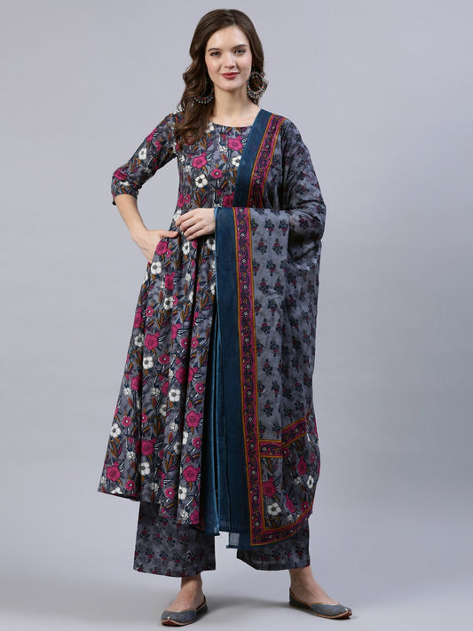 Women's Grey Printed Flared Kurta With Palzo & Dupatta