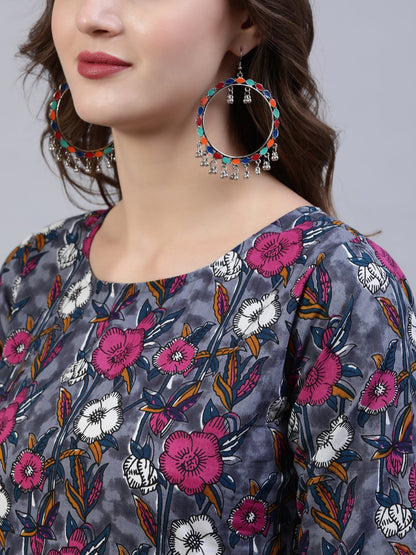Women's Grey Printed Flared Kurta With Palzo & Dupatta