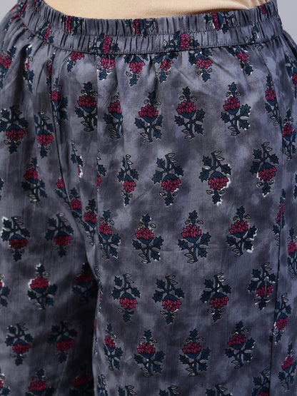 Women's Grey Printed Flared Kurta With Palzo & Dupatta