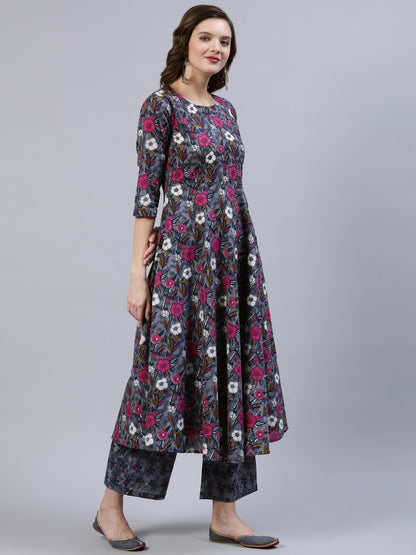 Women's Grey Printed Flared Kurta With Palzo & Dupatta