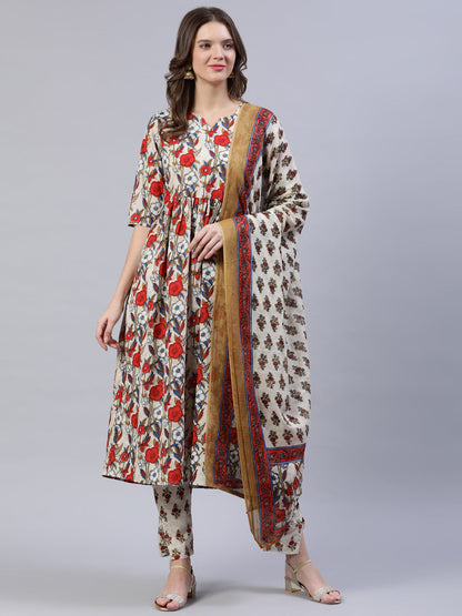 Women's Off- White Printed Flared Kurta With Palzo & Dupatta