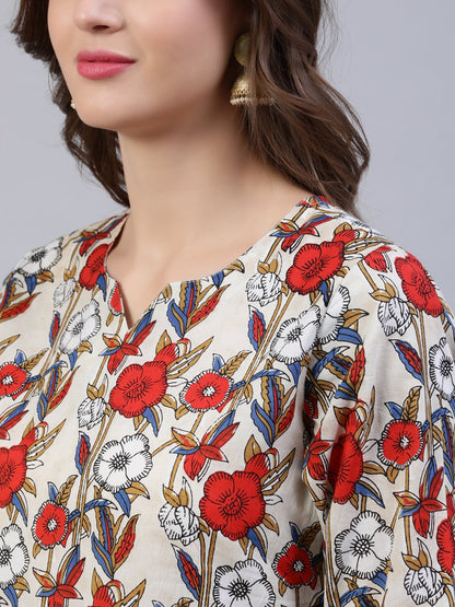 Women's Off- White Printed Flared Kurta With Palzo & Dupatta