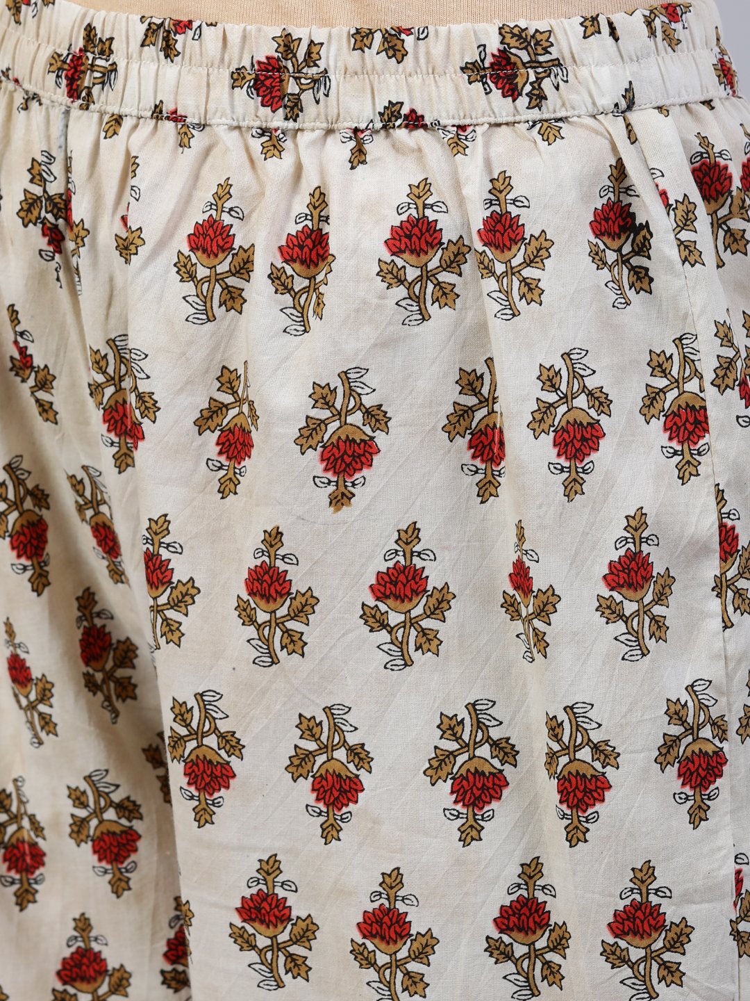 Women's Off- White Printed Flared Kurta With Palzo & Dupatta