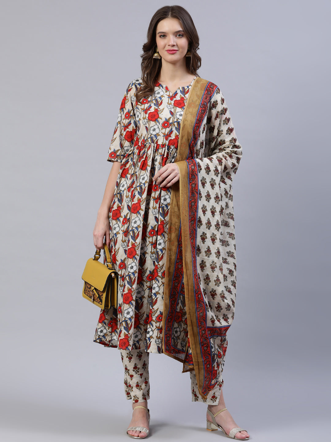 Women's Off- White Printed Flared Kurta With Palzo & Dupatta