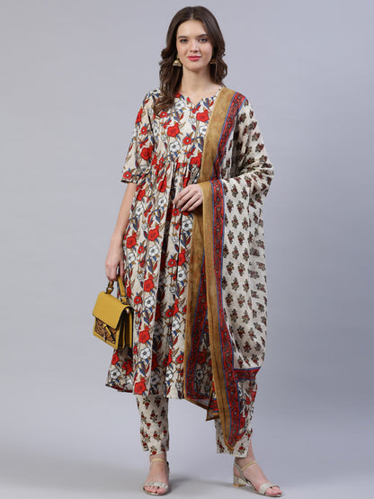 Women's Off- White Printed Flared Kurta With Palzo & Dupatta