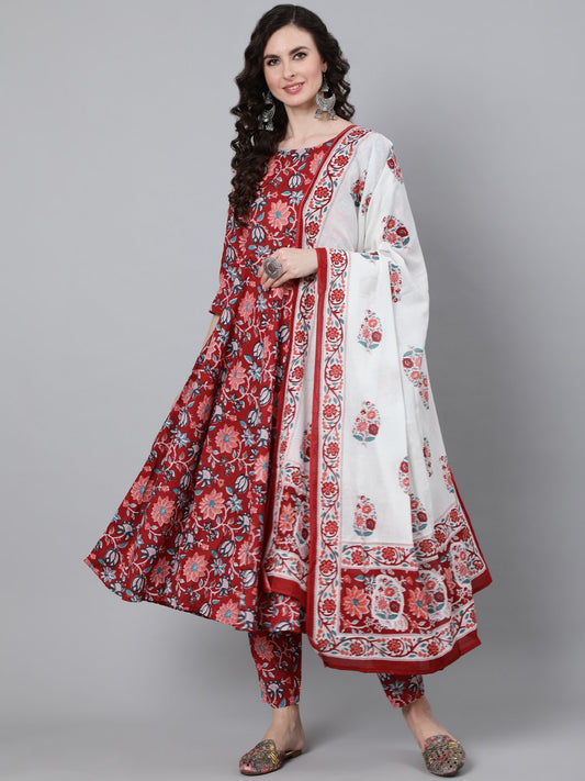 Women's Red Floral Printed Kurta With Trouser & Dupatta