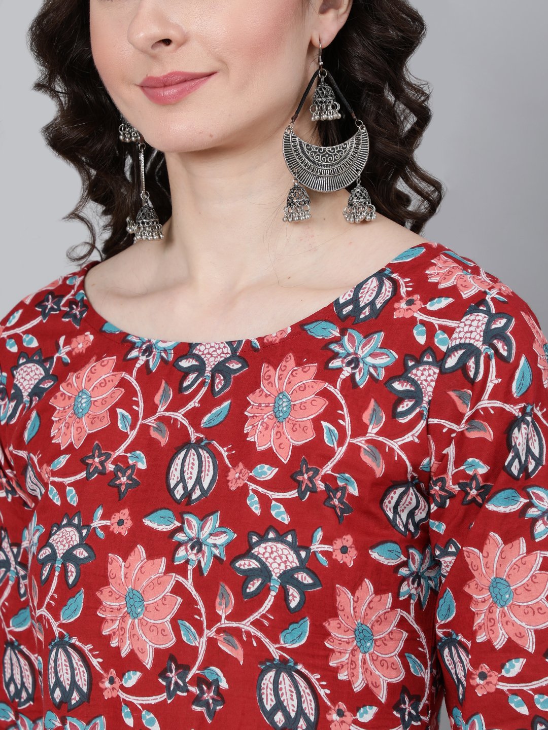Women's Red Floral Printed Kurta With Trouser & Dupatta