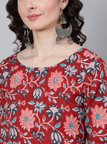 Women's Red Floral Printed Kurta With Trouser & Dupatta