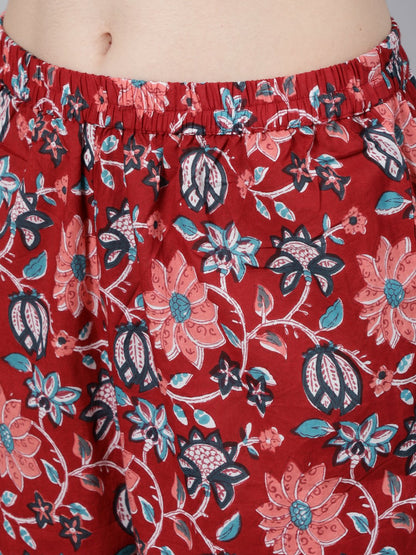 Women's Red Floral Printed Kurta With Trouser & Dupatta