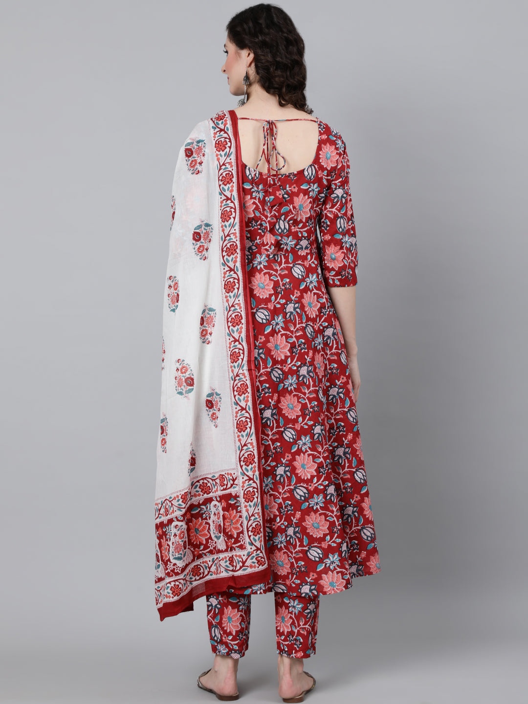 Women's Red Floral Printed Kurta With Trouser & Dupatta