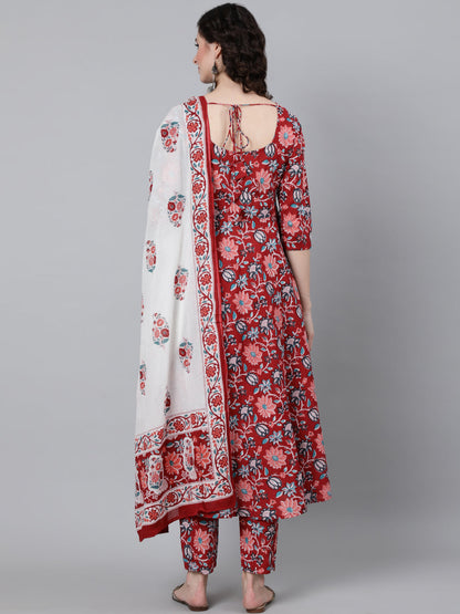 Women's Red Floral Printed Kurta With Trouser & Dupatta