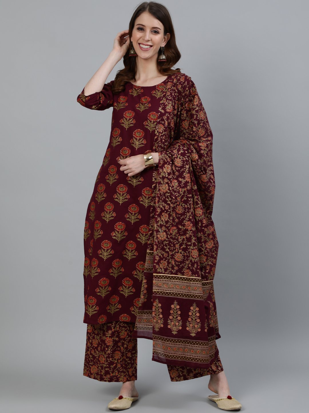 Women's Burgundy Floral Printed Cotton Kurta & Palazzos With Dupatta