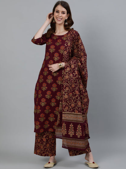 Women's Burgundy Floral Printed Cotton Kurta & Palazzos With Dupatta