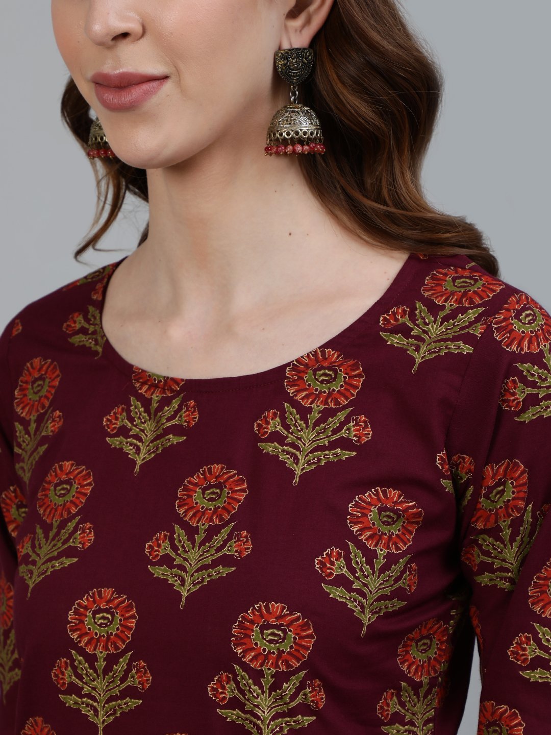 Women's Burgundy Floral Printed Cotton Kurta & Palazzos With Dupatta