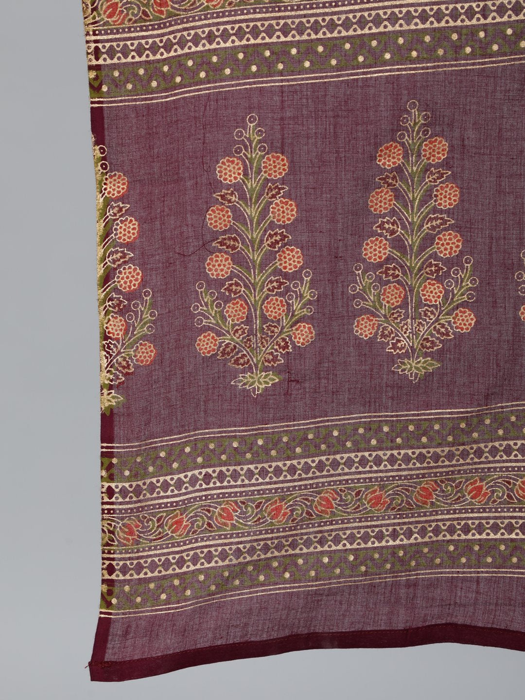 Women's Burgundy Floral Printed Cotton Kurta & Palazzos With Dupatta