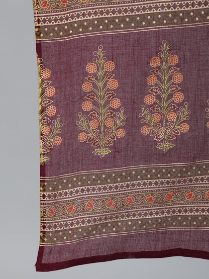 Women's Burgundy Floral Printed Cotton Kurta & Palazzos With Dupatta