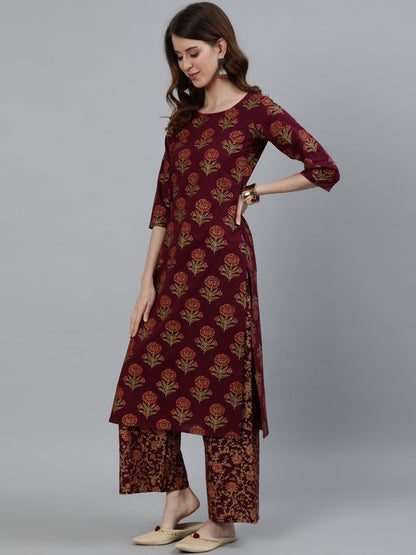 Women's Burgundy Floral Printed Cotton Kurta & Palazzos With Dupatta