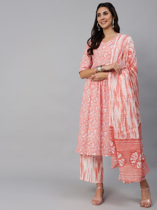 Women's Pink Floral Printed Kurta Set With Palazo & Dupatta